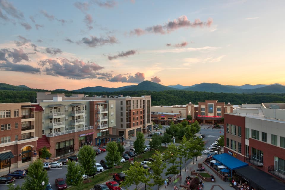 Biltmore Park Town Square at sunset. Biltmore Park Town Square at sunset.
