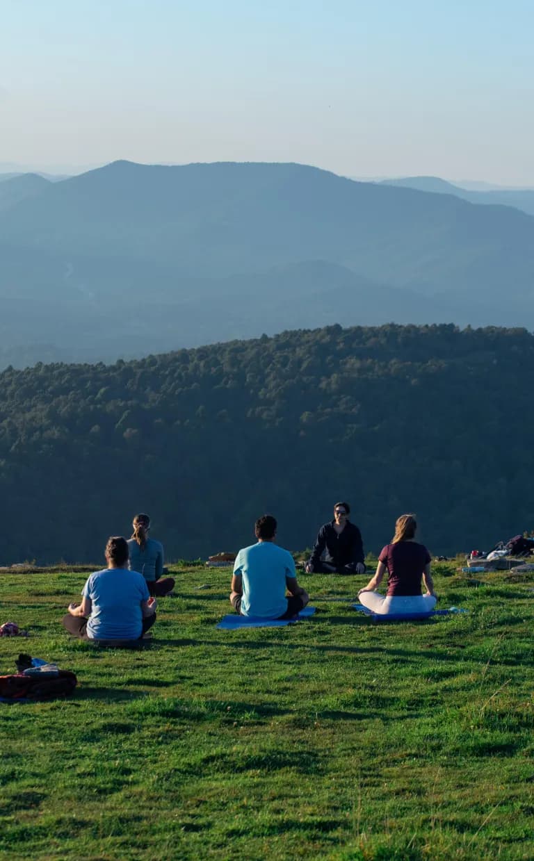 Leverage Asheville's Health and Wellness Expertise A group of people doing yoga in a mountain field along Bearwallow Trail in Asheville
