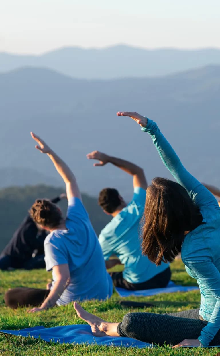 Yoga Experiences in Asheville, NC A view from behind of a group of people doing yoga in a green meadow in Asheville